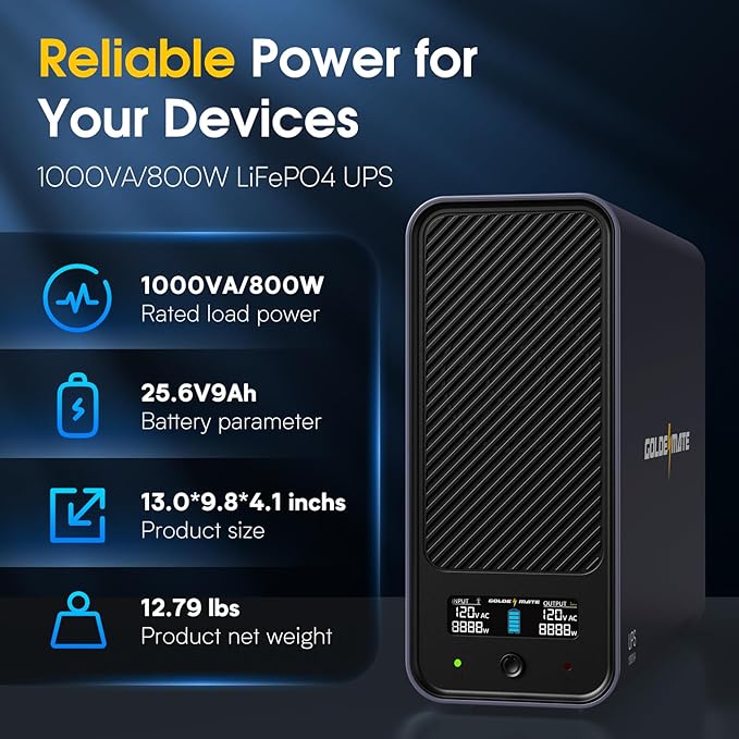 GOLDENMATE 1000VA/800W Lithium UPS Battery Backup and Surge Protector, Sinewave - Image 2