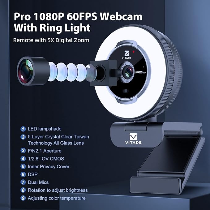 Zoomable Webcam with Remote Control, 1080P 60FPS Streaming Webcam with - Image 2