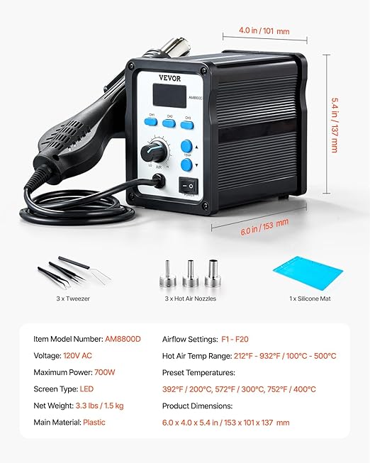 VEVOR Hot Air Rework Station, 700W Digital Display SMD Rework Station, - Image 7