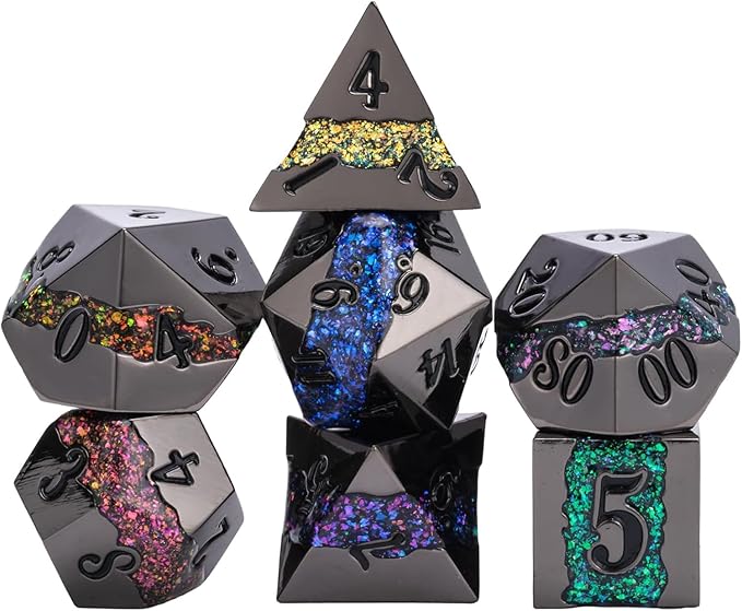 D&D Dice Set Metal, Large Striped Glitter Dice Set.RPG Polyhedral Dice 7pcs Set by Maywin