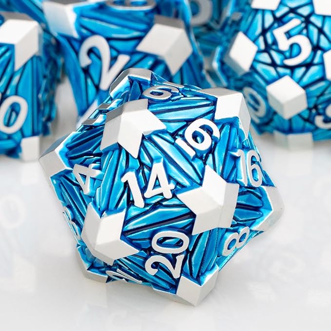 7PCS Metal DND Dice Set with Box, Debris RPG Blue D and D Dice by ORIFANTOU