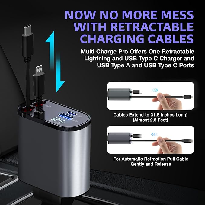 Multi Charge Pro iPhone Car Charger Fast Charging Retractable Car Charger USB C - Image 3