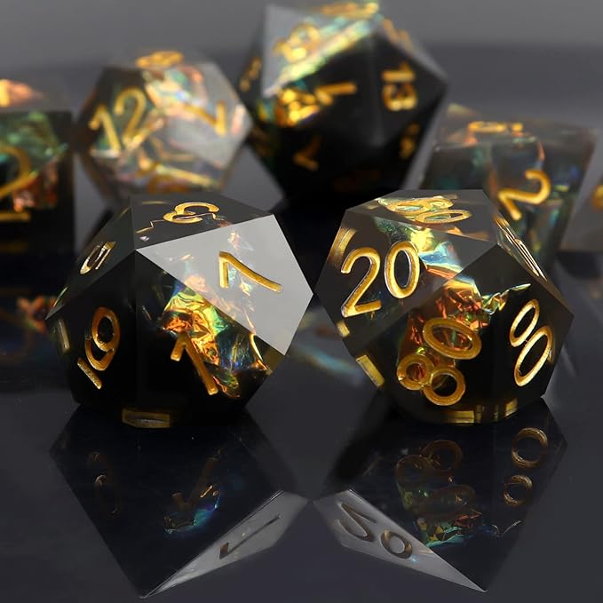 Haxtec Sharp Edge Dice Set DND Dice Black Resin Dice Iridecent Mylar Galaxy D&D - Image 3