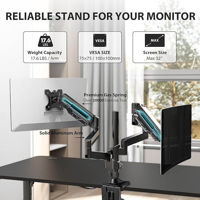 EUREKA ERGONOMIC Dual Monitor Stand, Fully Adjustable Gas Spring Double Monitor - Image 6