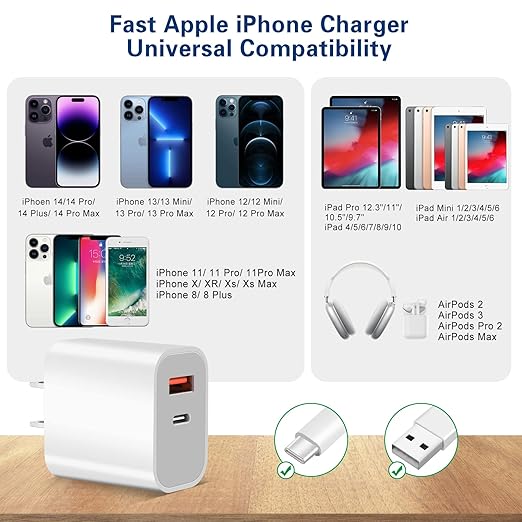 Fast Charger iPhone, Dual Port A/C Charging Adapter, Apple Charger Block 10FT - Image 3