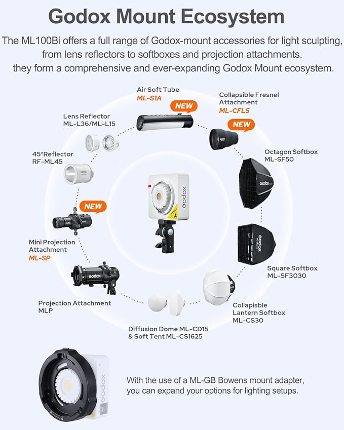 Godox ML100Bi 120W Bi-Color LED Video Light, 2800K-6500K COB Continuous Output - Image 5