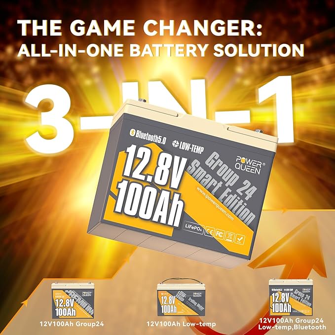 Power Queen 12V 100Ah LiFePO4 Battery Bluetooth Lithium Battery, Low-temp - Image 2