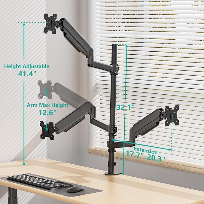 WALI Triple Monitor Mount for 17-32 Inch Screens, Full Adjustable 3 Monitors - Image 5