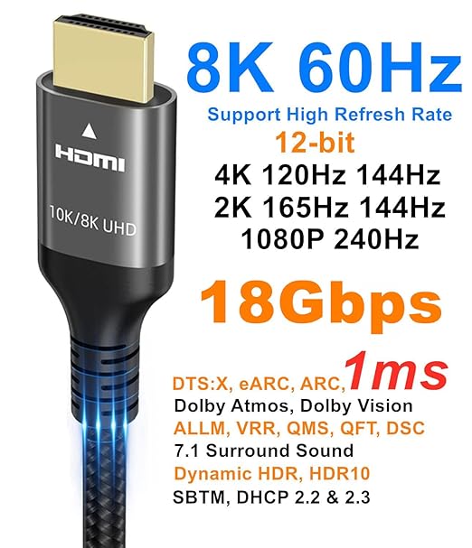 8K HDMI Cable 48Gbps 33 FT, Nylon Braided High Speed HDMI® Cable 4k 120Hz 2k - Image 3