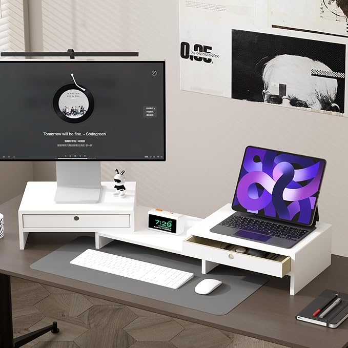 LAPTAIN Monitor Stand with 2 Drawers, Dual Monitor Stand Riser with Adjustable - Image 4