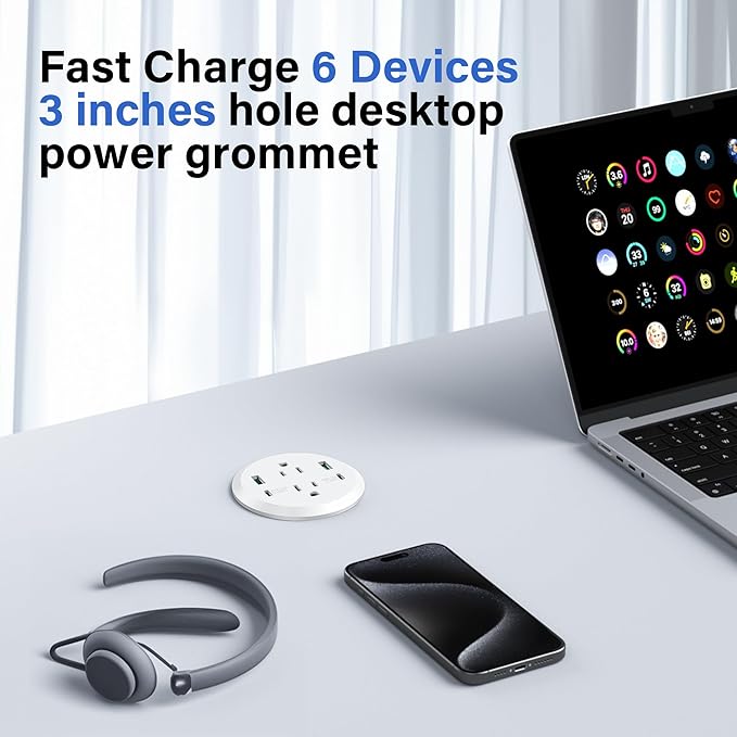 Desktop Power Grommet, 40W Fast Charging Station, 2 AC Outlets, 4 USB Ports - Image 3