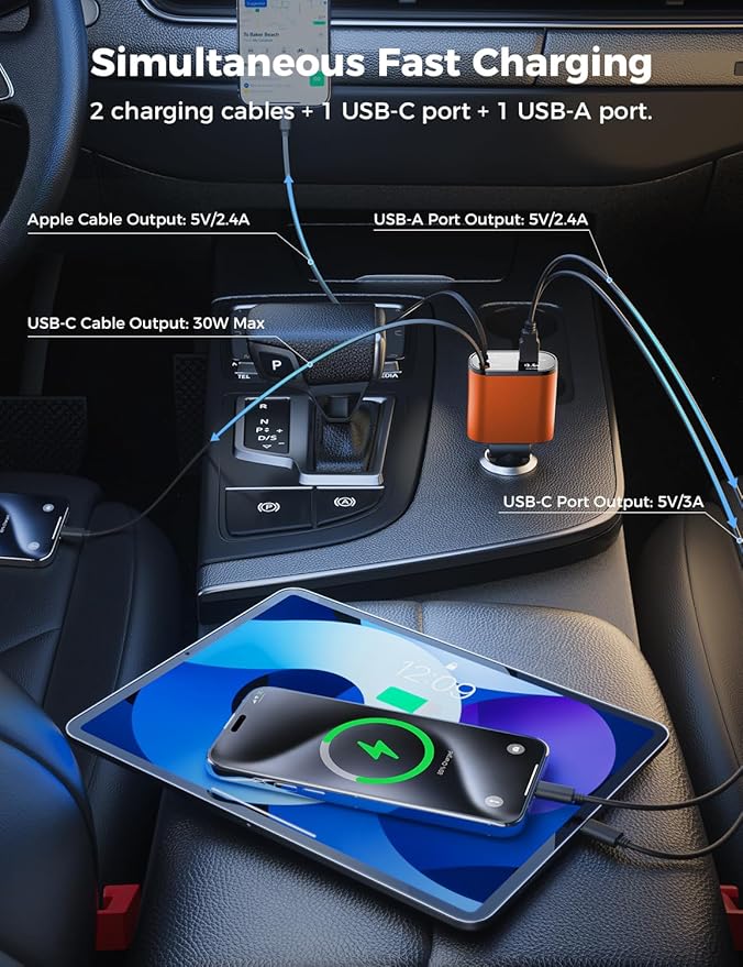 【Upgraded】 SUPERONE Retractable Car Charger 4 in 1, Fast Car Phone Charger - Image 3