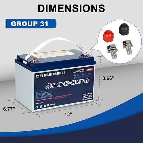12V 100Ah BCI Group 31 LiFePO4 Battery, 100A BMS Rechargeable Lithium Battery - Image 2