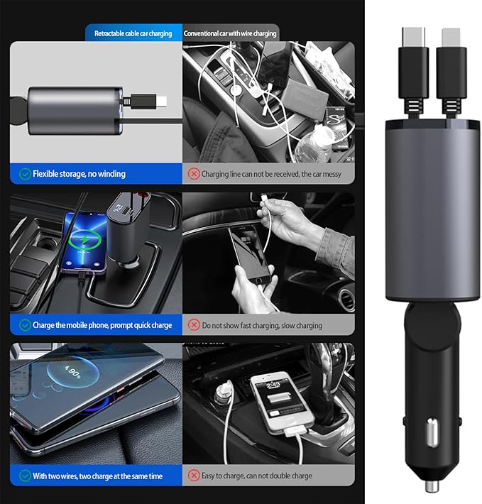 Retractable Car Charger，4 in1 Fast Car Phone Charger - Image 5