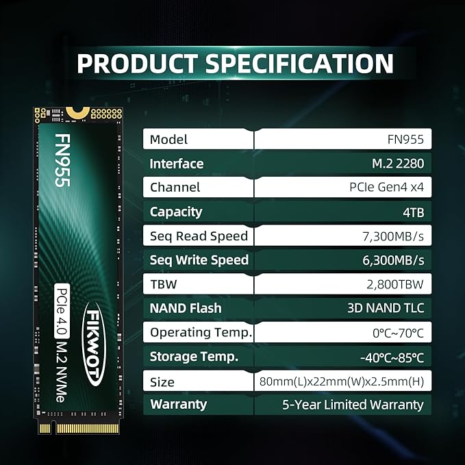 FN955 4TB NVMe SSD M.2 2280 PCIe Gen4x4, 3D NAND TLC Flash Internal Solid State - Image 6