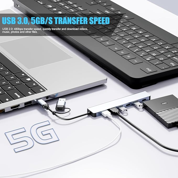 Aluminum 7 in 1 USB C Hub with USB 3.0, 7 Ports with 2* USB-C and 5* USB-A - Image 4