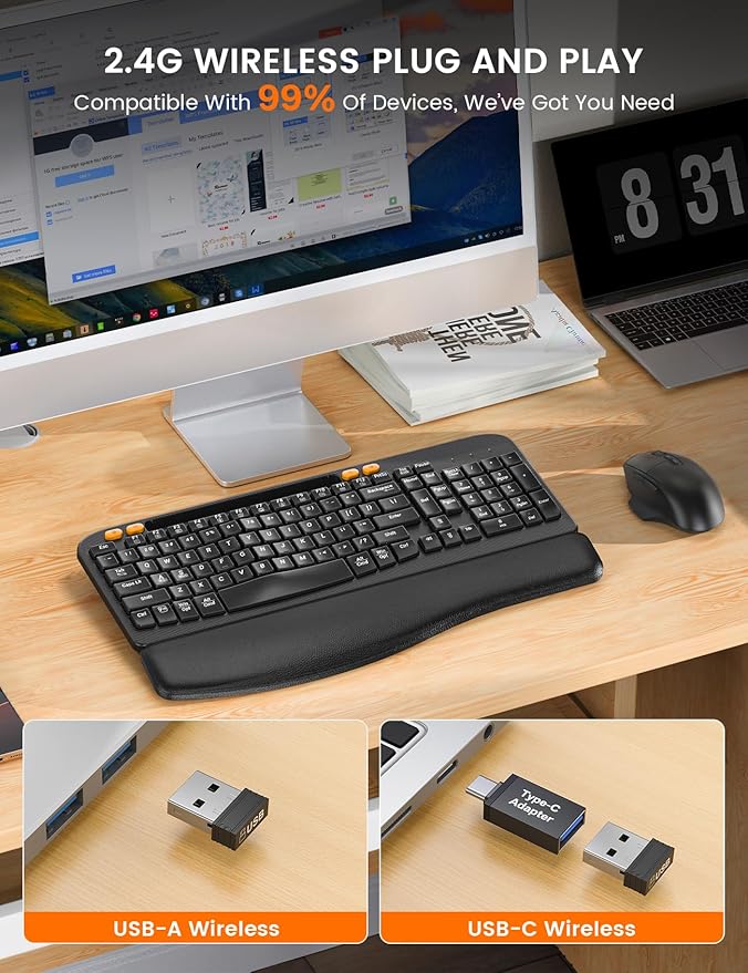 Wireless Keyboard and Mouse Combo, Ergonomic Wave Keys, Cushioned Plam Rest - Image 7