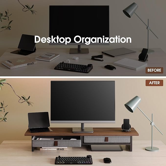 Fenge Monitor Stand with Drawer, 2 Tiers Dual Monitor Riser - Image 7