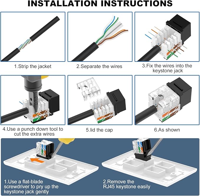 VCE UL Listed Cat6 RJ45 Keystone Jack Insert 25-Pack, 90 Degree Punch Down - Image 8