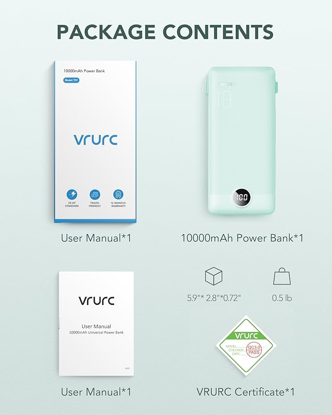 VRURC Portable Charger Built-in Cables and AC Wall Plug, USB C Power Bank - Image 8