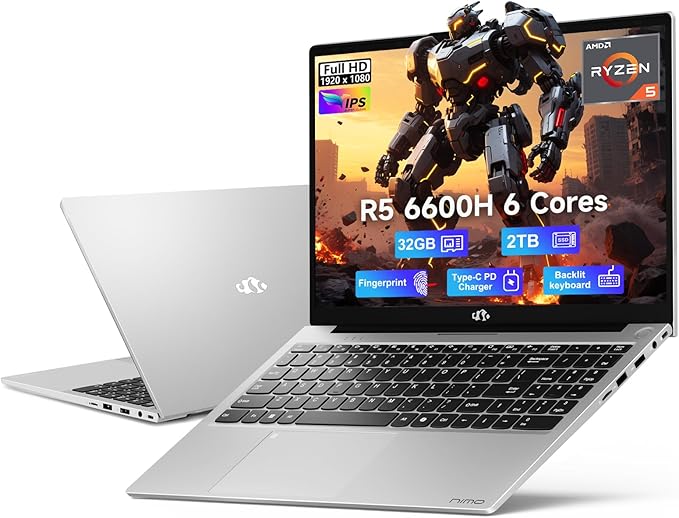 NIMO 15.6" IPS FHD-Gaming-Laptop, AMD Ryzen 5 6600H 6-Cores 660M GPU 32GB DDR5 by Nimo