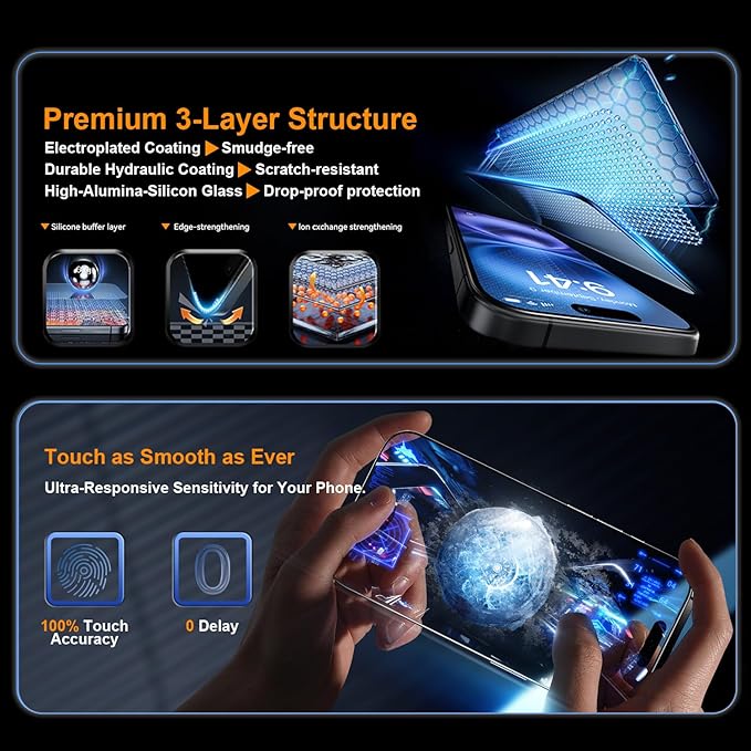 OneFish Screen Protector Glass for iphone 16, Airbag Edge Protection, 9H Glass - Image 7
