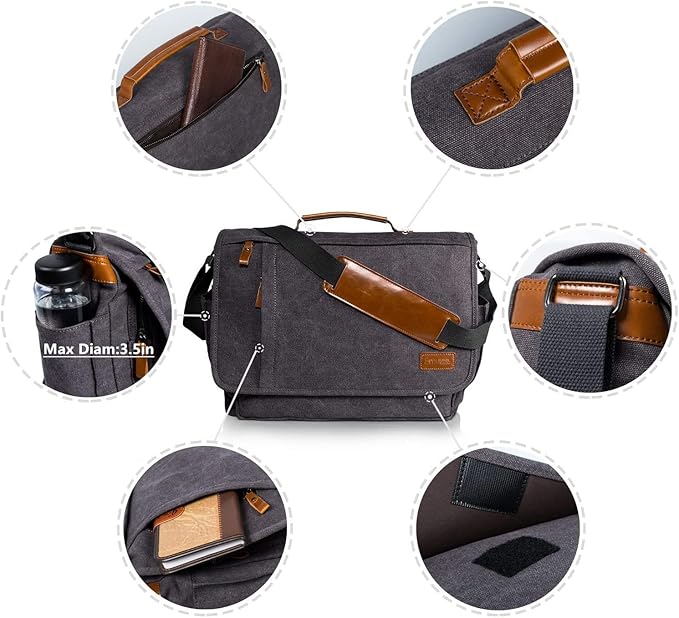 ESTARER Laptop Messenger Bag 17-17.3 Inch Water-resistant Canvas Shoulder Bag - Image 6