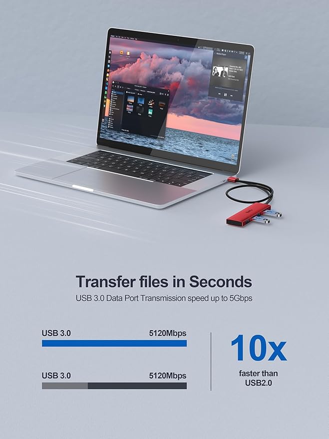 USB 3.0 Hub, 4 Port USB Splitter Extender Portable Adapter Multiport Data Hub - Image 3