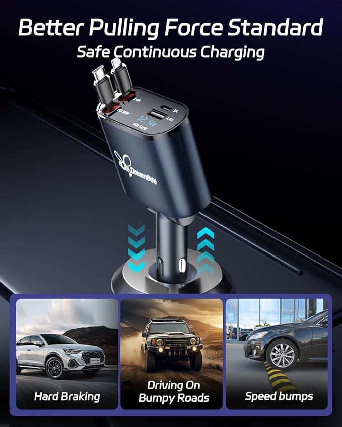 DreamBee Retractable Car Charger, 66W 4 in 1 Super Fast Charge Car Phone Charger - Image 7