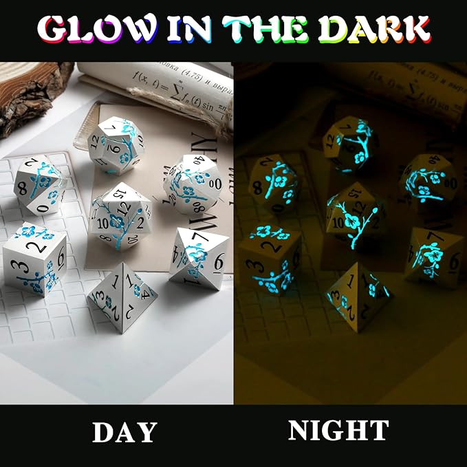 Glow in The Dark Flower Metal Dice, DNDND 7 PCS Blue Metallic D&D Dice Set - Image 3