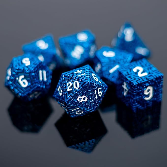 Blue Metal Hollow DND Dice Set Metallic Luster Maze Design - Image 4