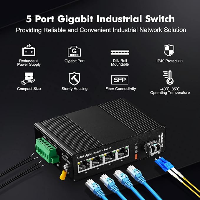 MokerLink 5 Port Industrial DIN-Rail Network Switch, 4 Gigabit Ethernet - Image 2