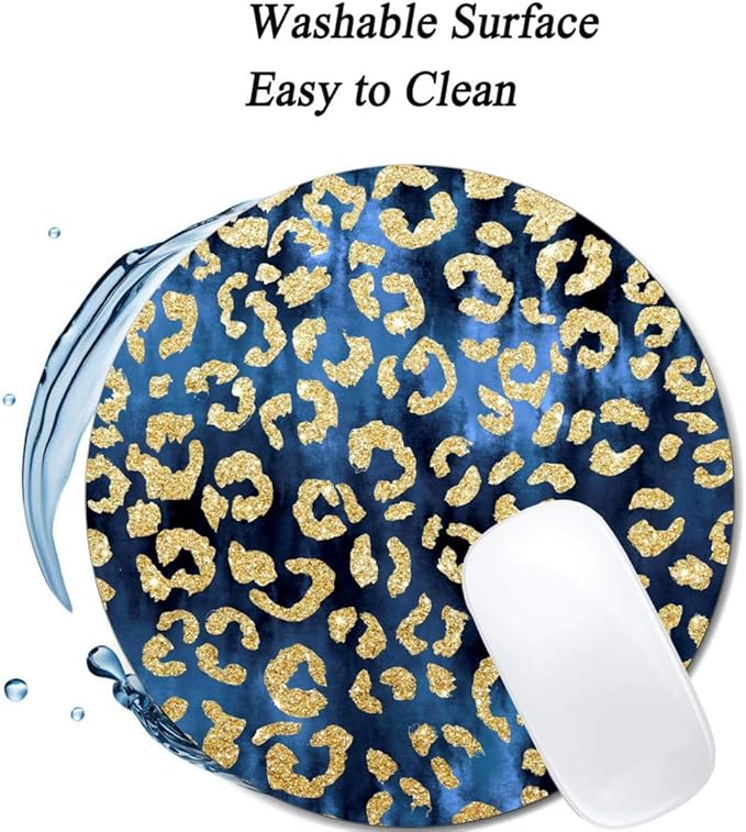 Leopard Gold Watercolor Navy Blue Mouse Pad Round Non-Slip Rubber Mousepad - Image 3