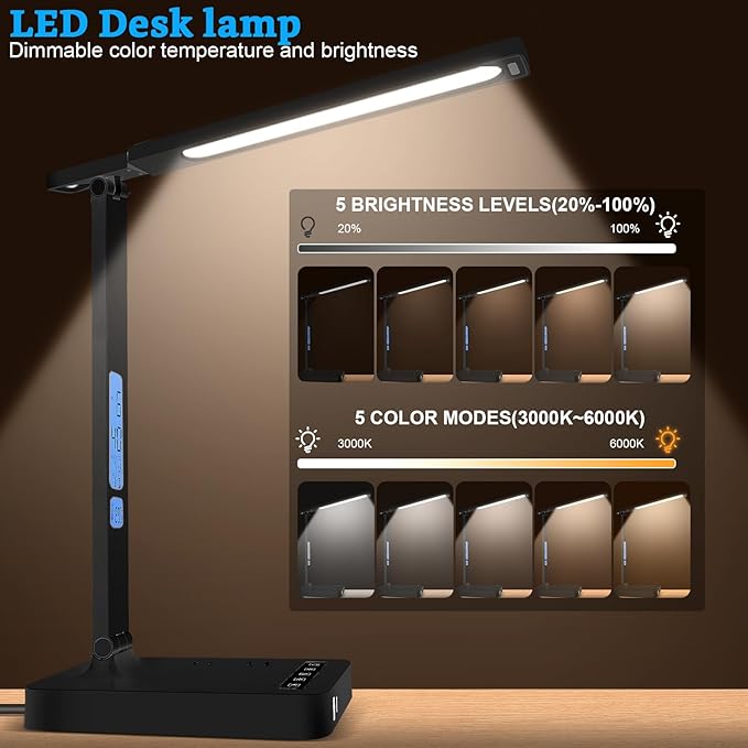 Smart Desk Lamp with Dual USB Charging & 2 AC Outlets, Digital Clock, - Image 2