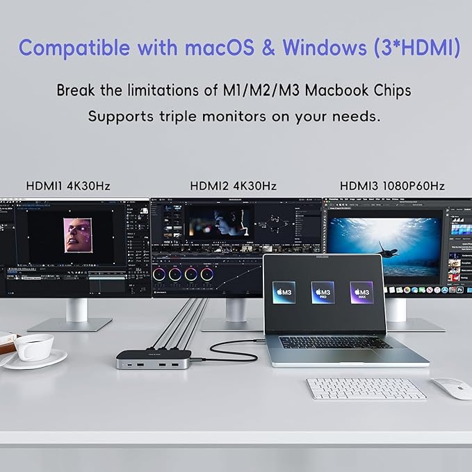 3 HDMI Triple USB C Docking Station, PULWTOP Laptop Docking Station Dual 4K - Image 3