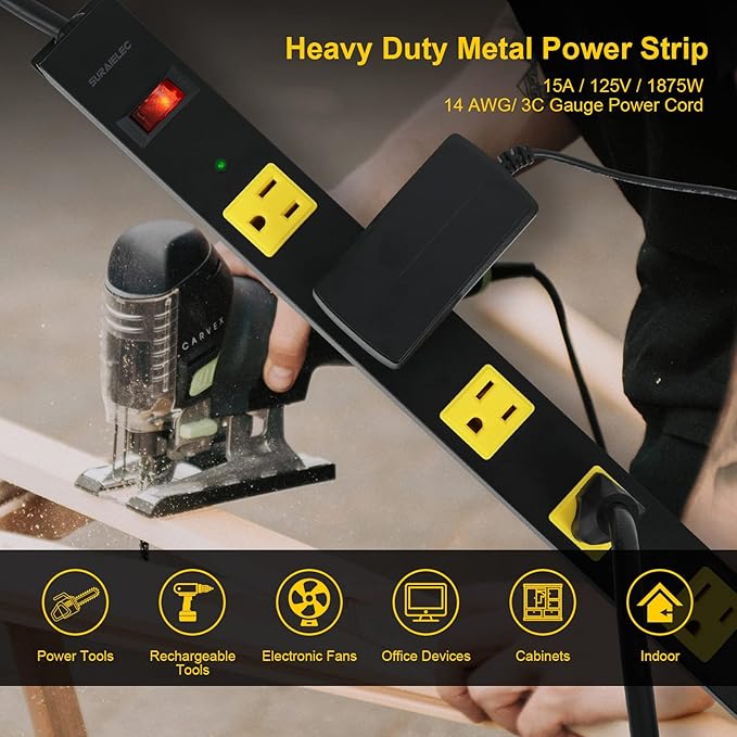 SURAIELEC 12 Outlet Long Metal Power Strip, 15 FT Cord Surge Protector - Image 3