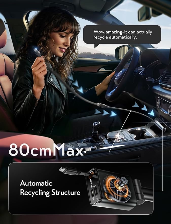 LISEN iPhone 16/15 Car Charger USB C Fast Charging Retractable, 【60% Less Space - Image 4