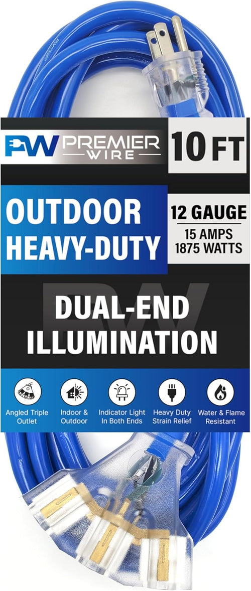 10 ft - 12 Gauge Heavy Duty Extension Cord - Lighted on Both Ends - SJTW Blue - by PremierWire