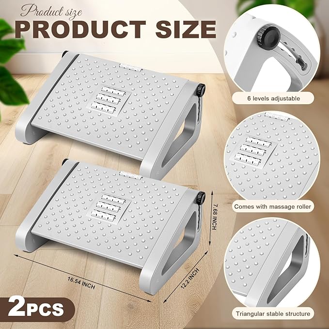 2 Pcs Foot Rest for Under Desk at Work, Ergonomic 6 Heights Adjustable Footrest - Image 2