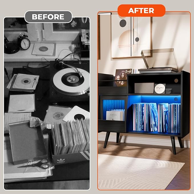 Large Record Player Stand with Sliding Door, 350 Vinyl Record Storage Cabinet - Image 6
