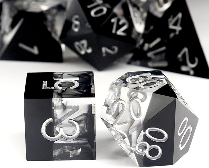 Haxtec Sharp Edge DND Dice Set Black Swirls Resin Dice - Image 6