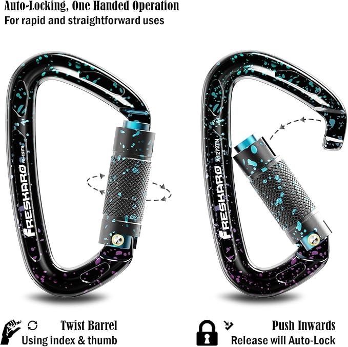FresKaro UIAA Certified 25KN Auto Locking Climbing Carabiner Clips, Twist Lock - Image 2