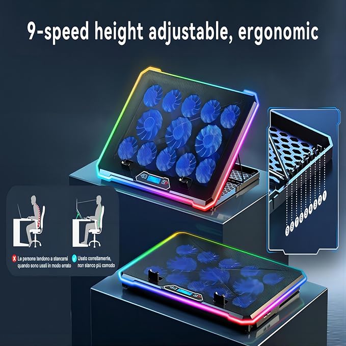 Gaming Laptop Cooler with 13 Ultra Quiet Fans, LCD Screen and Multi Color RGB - Image 7