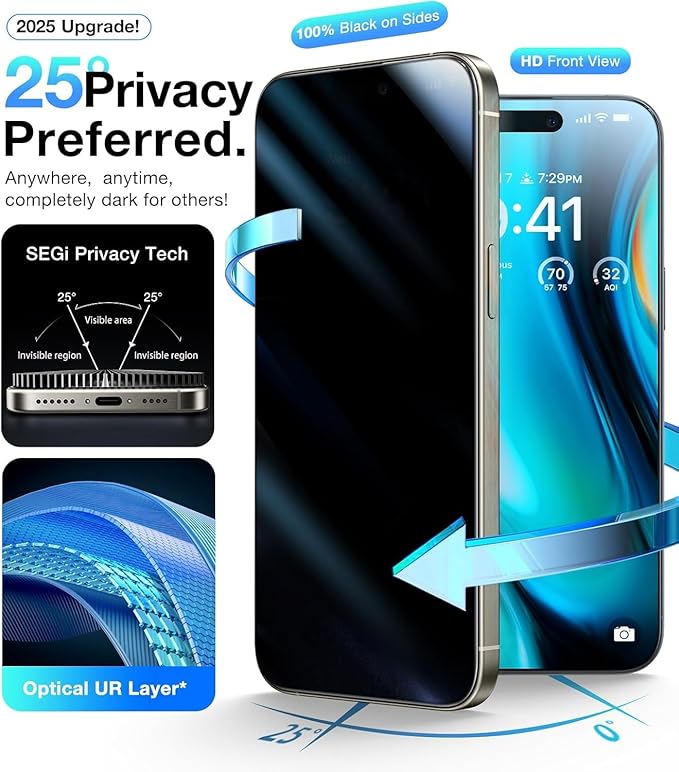 3 Pack for iPhone 16 Pro Max Privacy Screen Protector + 2 Camera Lens 9H+ Full - Image 3