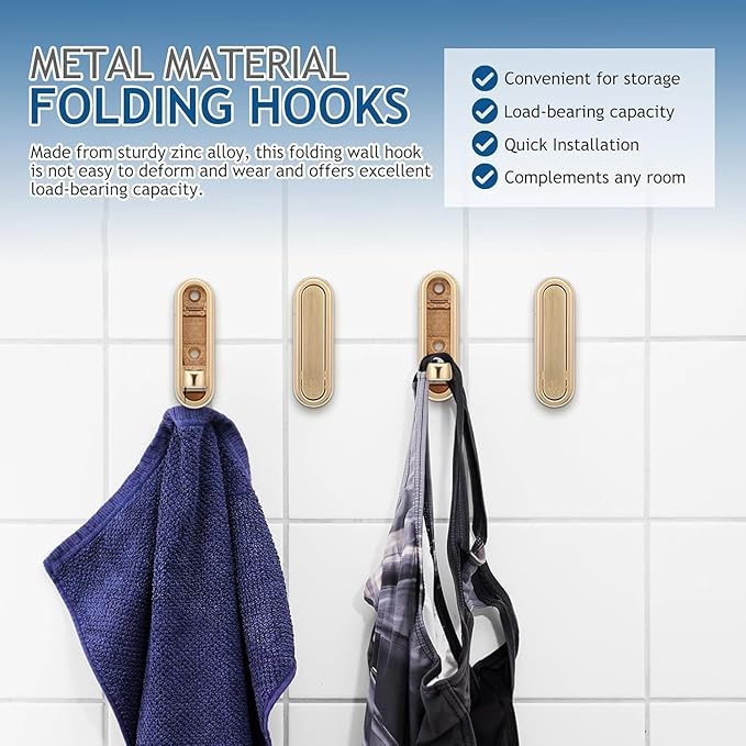 4PCS Gold Foldable Wall Hooks, Metal Folding Hooks Wall Mount, Easy Installation - Image 4