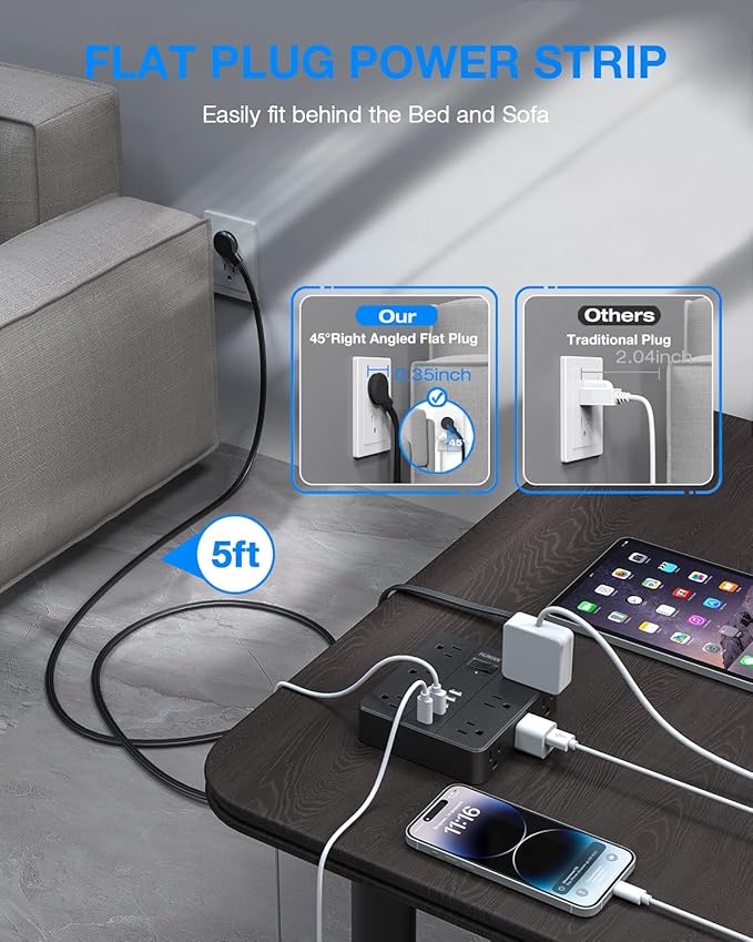 Extension Cord 25 Ft, HUNIAN Flat Plug Power Strip Surge Protector, 12 Widely - Image 3