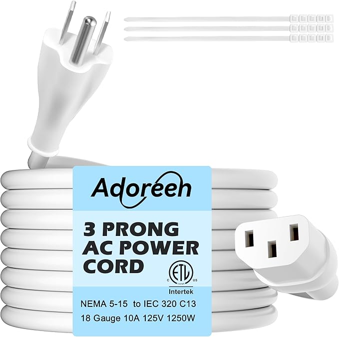 Adoreen 20 Ft Computer TV Replacement Power Cord White, Low Profile Flat Plug by Adoreen