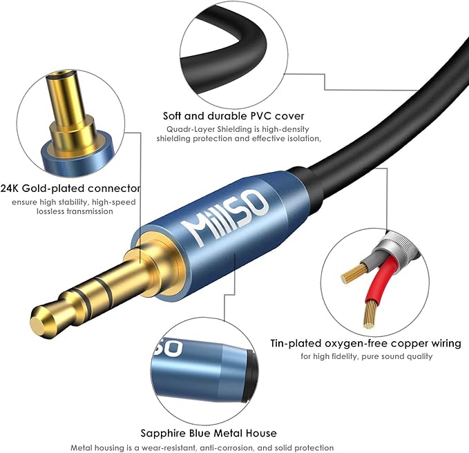 MillSO Audio Splitter, SapphireBlue&Gold-Plated 8 Feet 3.5mm Male to 2 Male - Image 9