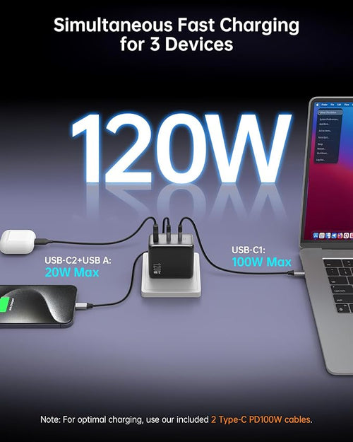 100W USB C Charger, 120W MacBook Pro Charger, 3-Port GaN Fast Charger - Image 2