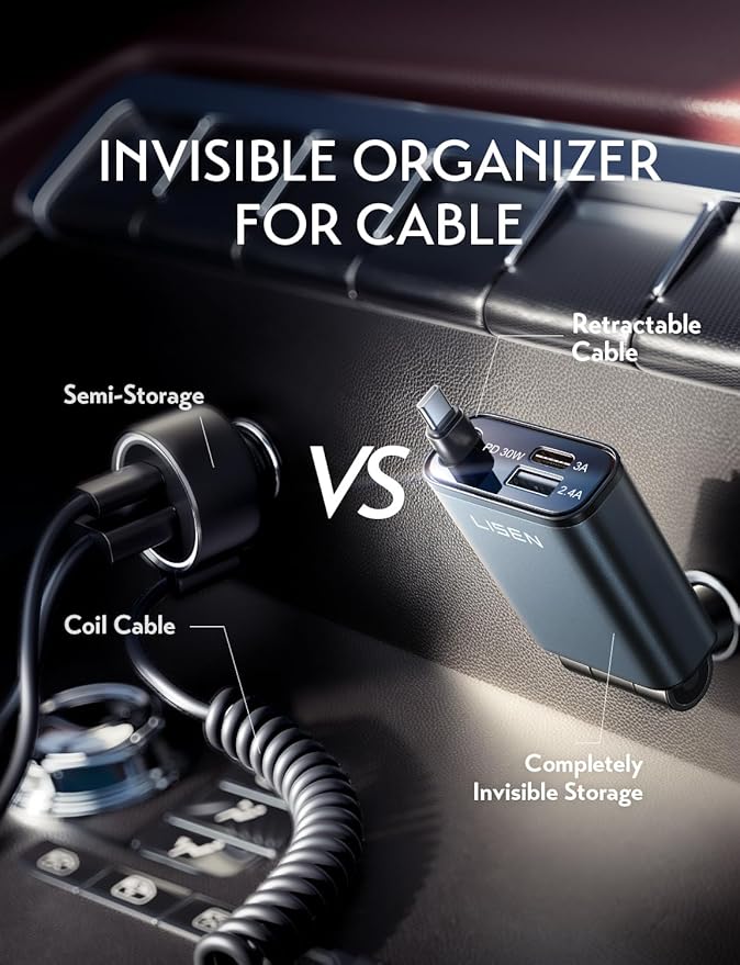 LISEN iPhone 16/15 Car Charger USB C Fast Charging Retractable, 【60% Less Space - Image 5